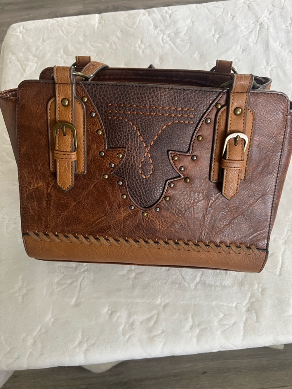 Brown Two-Tone Leather Studded Satchel